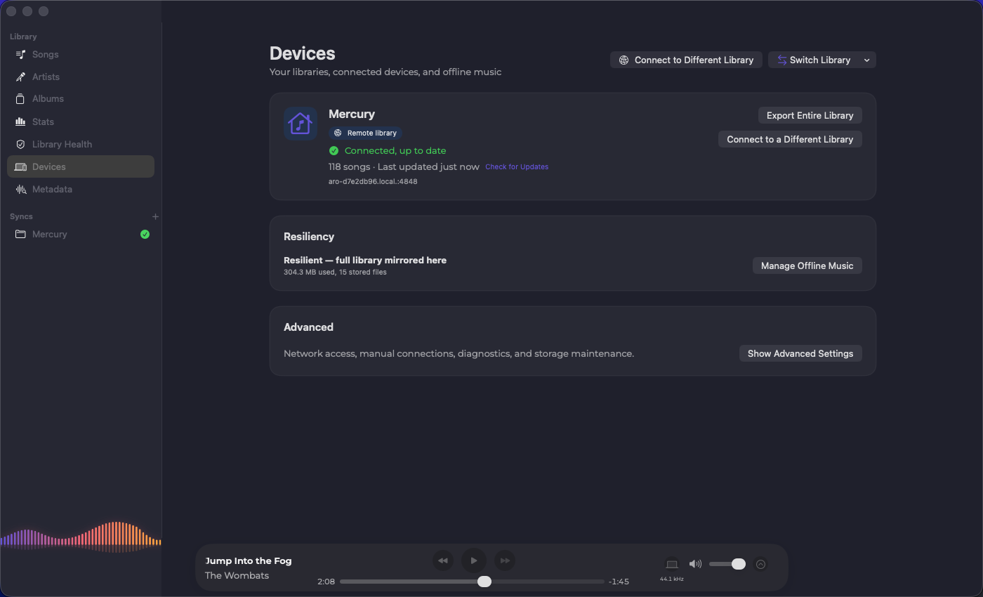 Aro for macOS showing a connected music library, offline resiliency controls, the player bar, and playback visualizer